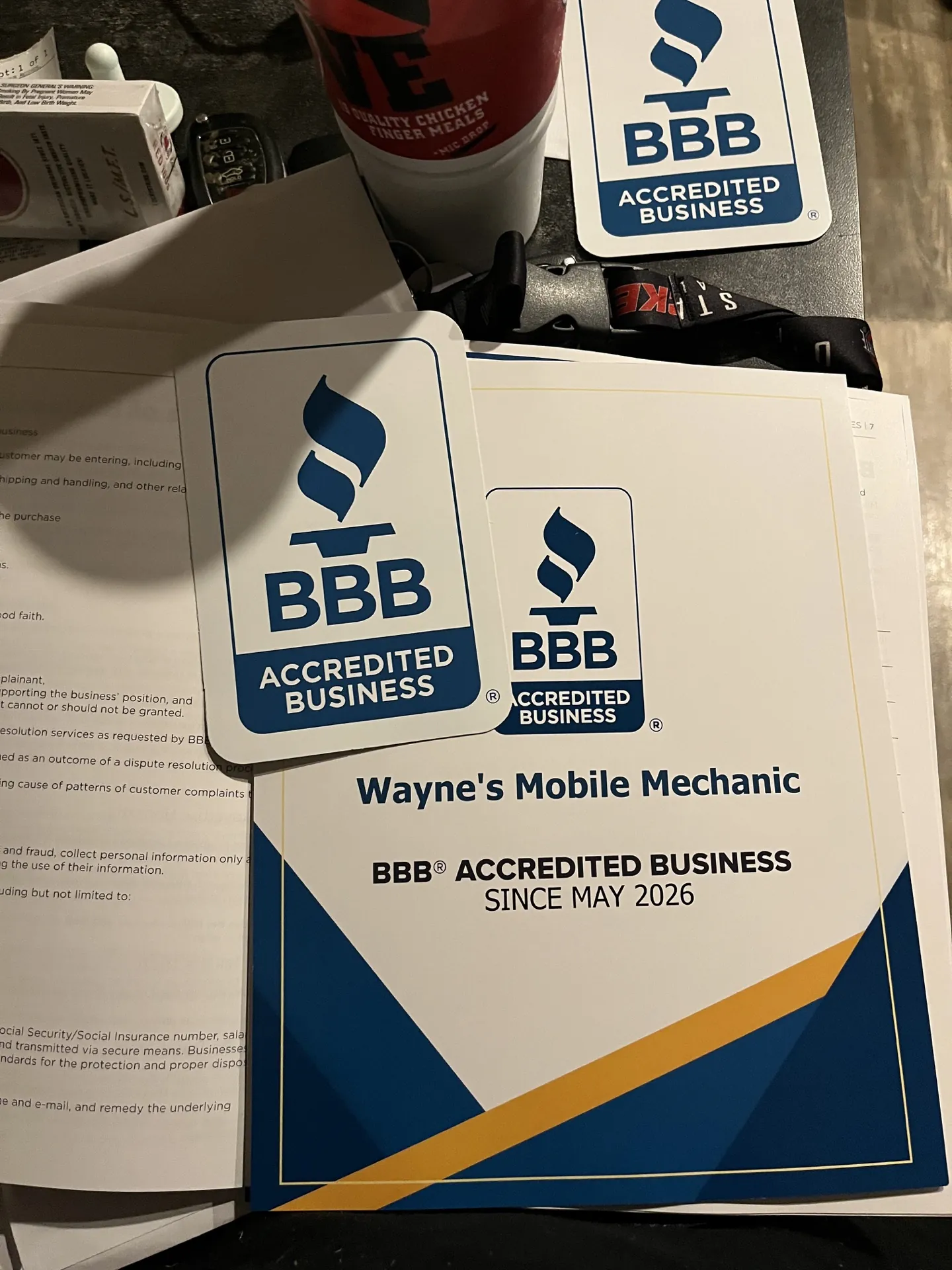 Wayne's Mobile Mechanic BBB Accredited Business materials dated May 2026